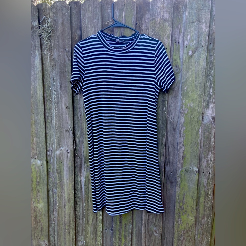 black and white striped knee length dress